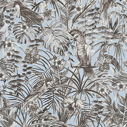 Papier peint perroquet bleu clair | Papier peint bleu pastel 37210-3 | Papier peint jungle intissé | Papier peint chambre & salle de bain