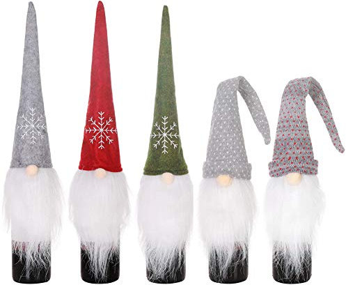 Christmas Wine Bottle Covers 5pcs Decorative Handmade Santa Claus Xmas Wine Bottle Covers Bags for Whiskey Spirits Champagne Christmas Party Decorations Festival Dinner Party Table Xmas Holiday Gifts