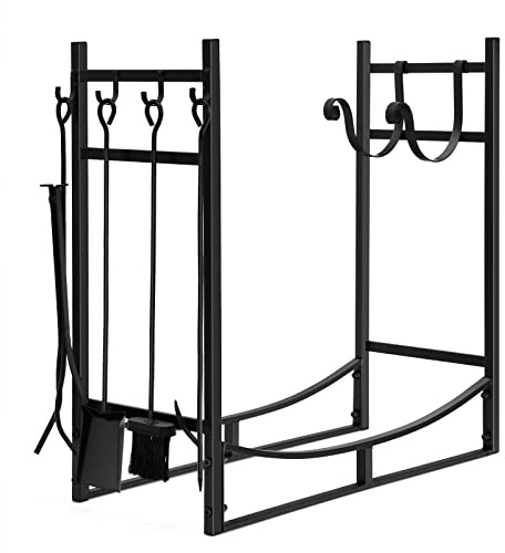 Goplus Kaminholzregal mit Werkzeugset, 76,2 cm, Kaminholzhalter mit Anzündholzhalter, Schaufel, Schürhaken, Zange, Bürste, Holzstapler, Lendenwirbelaufbewahrung, Organizer für Holzofen, Kamin und
