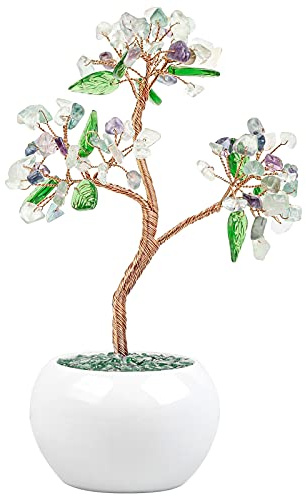 Nupuyai Handmade Copper Wire Money Tree Bonsai with White Ceramic Bowl Base Healing Fluorite Crystal Tree Home Office Decor for Good Luck/Wealth/Fengshui