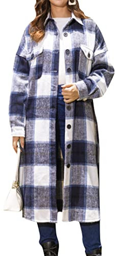 EFOFEI Damen Umlegekragen Oberteile Wollmischung Jacke Flanell Klassisch Kariert Hemden Holzfäller Trenchcoat Tweed Langjacken Marineblau S