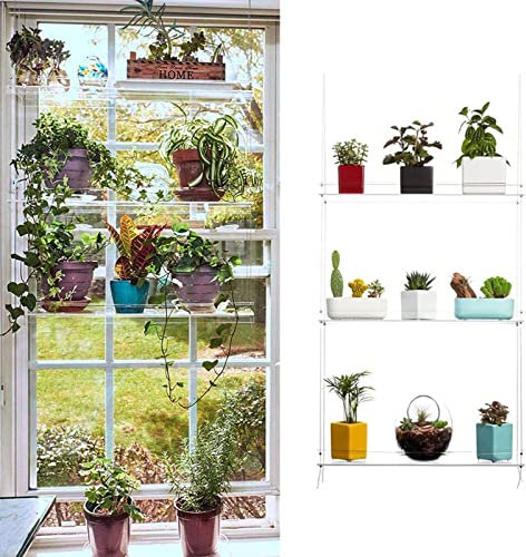 GOODSH Klar Hängeregal Pflanzenregal Für Fenster Wandregale Aus Acryl Transparenter Blumenständer Höhenverstellbar Regal Zum Schlafzimmer Badezimmer Wohnzimmer Balkon Dekorationen Draussen,3 Tier