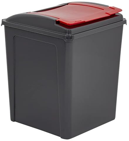 Plastic Swing Top Bin & Recycle Recycling Rubbish Home Kitchen Office Dustbins (50L Recycle Bin, Red)
