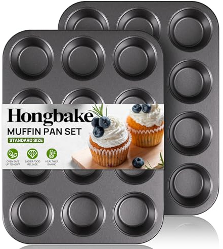 HONGBAKE Muffin Pan for Baking, Nonstick Cupcake Tin 12 Cup, 2 Pack Cup Cake Tray, Premium Cheesecake Pans, Dishwasher Safe - Dark Grey
