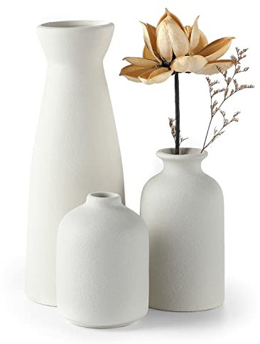 CEMABT Weiß Keramik Vasen 3er-Set Kleine Blumenvasen für Dekor, Moderne rustikale Bauernhaus Home Decor, Dekorative Vasen für Pampas Grass&getrocknete Blumen, Idee Regal,Tisch, Bücherregal,Mantel