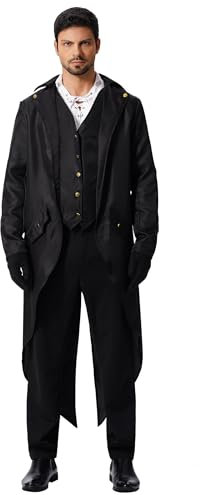 Odizli Mittelalter Kleidung Herren Frack Jacke Steampunk Mantel Gothic Viktorianisches Renaissance Vikings Gehrock Männer Pirate Vampir Dracula Kostüm Halloween Karneval Faschingskostüme Schwarz XL