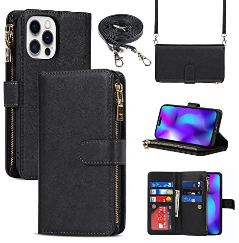 CAVOR Handykette iPhone 14 Pro Hülle Mit Band,Handyhülle iPhone 14 Pro,Flip Leder Geldbörse Handyhülle,[9 Kartenfach][Magnetverschluss],Klapphülle Schutzhülle für iPhone 14 Pro - Schwarz