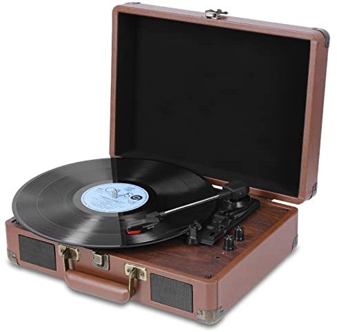 VOKSUN Giradischi, Giradischi Vinili Bluetooth Vintage con 33/45/78 RPM, Giradischi con 2 Casse Integrate, Giradischi Vinili Vintage, RCA/Aux/USB/LP, Design Valigia, Giradischi Vinile (Rosso Marrone)
