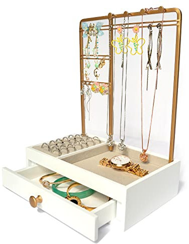 Jewellery Organiser Stand Hang Jewelry in Style! Display Necklaces, Earrings, Rings, Bracelets, Watches Neatly Organized with Elegant Gold White Jewellery Tree Storage. Wonderful Gift for Girls Women