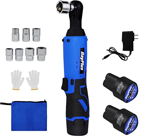 Bowose Akku-Ratschenschlüssel-Satz 2 Stück 1500mAh Akku, leichter 3/8 Elektro-Ratschenschlüssel 40Nm, 7 Steckschlüsseleinsätze, eingebaute LED, Vorwärts/Rückwärts-Schalter, für Bau, Autoreparatur