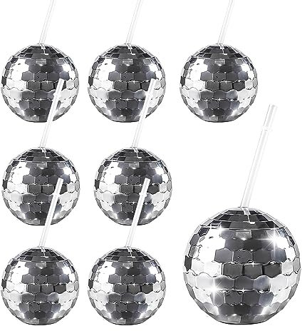 YEUIKERR 8 Pack Disco Ball Cup for Party, 20 oz Disco Ball Drink Cups with Lids and Straws, Tumbler Disco Flash Ball Cocktail Cup, Wine Drinking Syrup Tea Bottle for Disco Bar Birthday (Sliver)