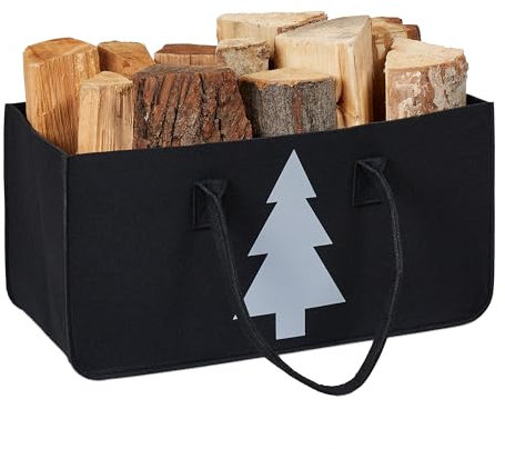 Relaxdays Kaminholztasche aus Filz, 28l Volumen, XXL Filztasche, Tannenbaum-Motiv, für Kaminholz, Holzkorb, schwarz/weiß