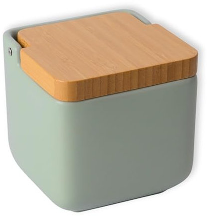 KOOK TIME salero de cocina con tapa de madera de bambú basculante. - Salero blanco mate de cocina moderno con base de cerámica mate para usar como salero y azucarero o especieros, 11.5x11.5x11.5 cm.