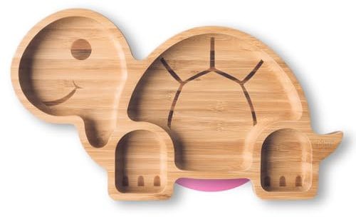 Moon and Moo Tortoise Bamboo Suction Plate for Kids and Toddlers - Non-Toxic, Plastic Free, Stay Put - Baby Weaning Set (Pink)