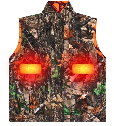 VicBre Beheizbare Weste Herren, Reversible Weste Tarnung/Orange für Wandern Ski Fahren Angeln Jagd Camping