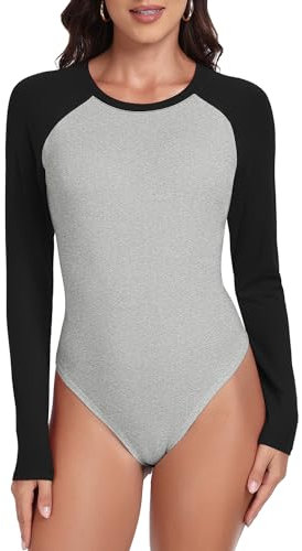 WOWENY Damen Body Langarm Raglan Shirt Bodysuit Rundhals Leotard Baseball Tshirt Langarmbody Farbblock Klassisch Streetwear[Schwarz Grau,