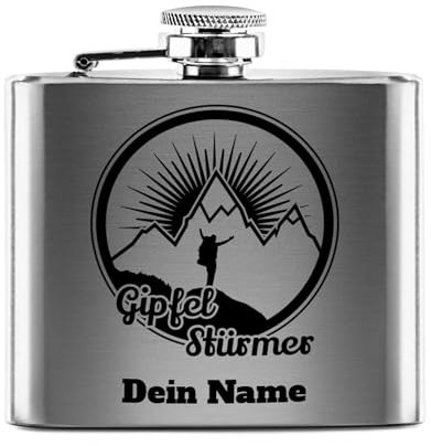 PR Print Royal Flachmann mit Gravur aus Edelstahl selbst gestalten - Gipfel-Stürmer - mit Name gravieren - Geschenk Wandern Skifahren - Praktische Taschengröße | Silber, 141 ml
