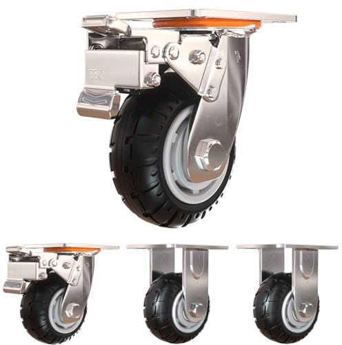 Lenkrollen Mit Sicherheitsbremse, 4er Set Schwerlastrollen (2 Mit Bremsen Und 2 Ohne), Rollen Aus Vollgummi, Doppelt Kugelgelagerte Transportrollen Lenkbar, Lenkrollen für Viele Bodenarten Schwenkbare