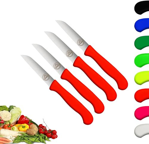 4er Set Gemüsemesser scharf Küchenmesser neon-rot Schälmesser Solingen rostfrei 8 cm/Handabzug - Dünnschliff - superscharf - spülmaschinengeeignet