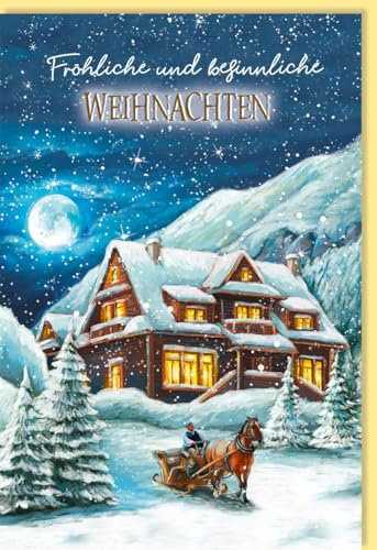 Skorpion Weihnachtskarte Pferd mit Schlitten, Haus nostalgisch - mit Umschlag