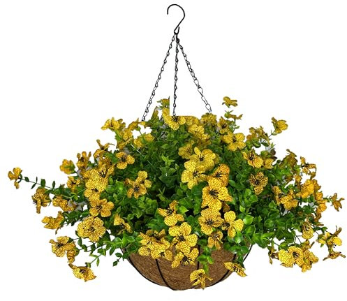 12 Inches Artificial Violets Flowers with Hanging Basket Chain Flowers Plastic Plants for Garden and Indoor Decoration (Yellow)