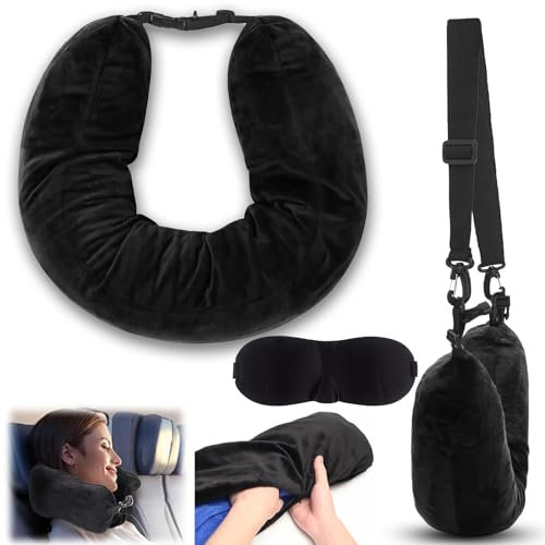Befüllbares Nackenkissen Reisekissen Stopfbares Füllbares Nackenkissen für Reisen Schlauchförmiges U-förmiges Multifunktionales Nackenkissen Bezug mit Eye mask für Reisen Kein Füllstoff(Schwarz)