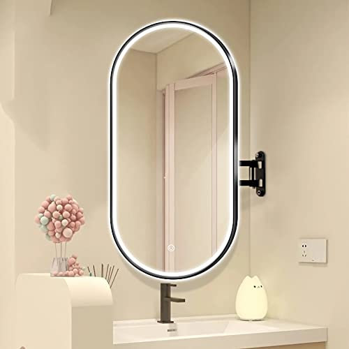 LED Dimmbarer großer ovaler Make-up-Spiegel zur Wandmontage mit Metallrahmen, drehbarer Arm – beleuchteter Kosmetikspiegel mit Ein-Knopf-Touch-Funktion