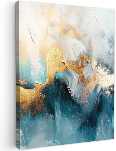 MuchoWow© Leinwandbilder 60x80 cm Wall Art Decoration Bilder für die Wand Schlafzimmer Deko Canvas Painting Wanddekoration Wohnzimmer Abstrakt - Kunst - Gold - Blau