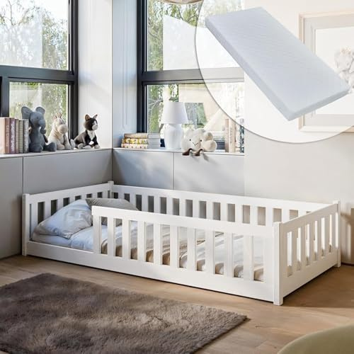 Lit d'Enfant au Sol 90x190 cm Avec Matelas, Protection Contre les Chutes & Sommier à Lattes Montessori - Lit à Barreaux Pour Enfants et Adolescents - Set Complet Blanc Pour Garçon ou Fille