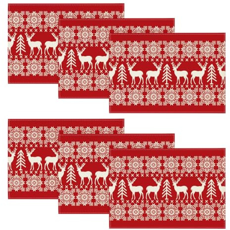 Artoid Mode Rot Rentier Weihnachten Platzsets 6er Set, 30x45cm Winter Xmas Tischset Waschbar Platzdeckchen Küche Party Deko