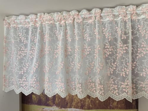 Vordesack Landhausstil Scheibengardine aus Baumwolle mit 3D Stickerei Glockenblumen-Motiv Spitze Kurzstore halbtransparente Bistrogardine mit Stangendurchzug 1 Stück Pink HxB 45x120cm