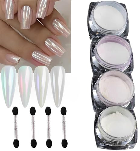 4 Boxes Pearl Chrome Nail Powder - Clear, White & Mirror Effect for Nail Art Design Decoration