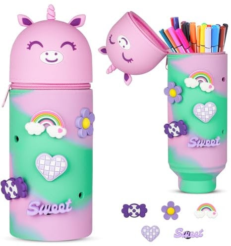 Vicloon Astuccio Telescopico in Silicone 2 in 1 con Cerniera, in Piedi Impermeabile Durevole per Scuola, Regali di Natale per Ragazzi e Ragazze-Unicorno