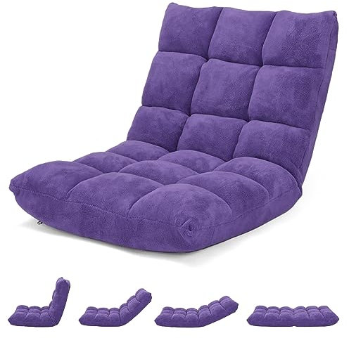 HOMASIS Sedia da Pavimento con Schienale Regolabile in 14 Angoli, Sedia Pieghevole in Velluto a Costine, Poltrona Imbottita per Lettura, Meditazione, Cuscino da Terra, 15cm Spessori (Viola)