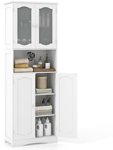 COSTWAY Badezimmerschrank, freistehender Hochschrank mit 4 Türen & offenem Fach & Verstellbarem Einlegeboden, Badschrank mit Kippschutz für Wohnzimmer, Badezimmer, Küche (Weiß)