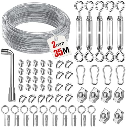 35M 69pcs cable acier pour Plantes Grimpantes, Kit de Câble en Acier Durable avec tendeur cable, serre cable acier et Accessoires, Idéal pour corde à linge, Treillis et Projets DIY Extérieurs
