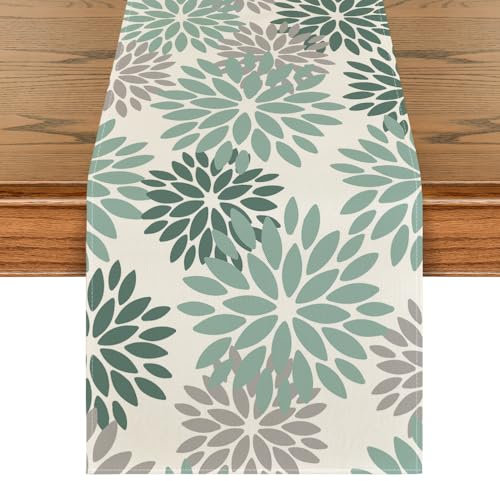 Artoid Mode Blumen Wasser Grün Dahlien Frühling Tischläufer, Saisonnal Sommer Küche Tisch Dekoration Drinnen Urlaub Party Dekor 40x140 cm