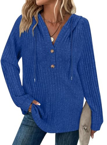 Womens Hoodies Drawstring Long Sleeve Pullover Top Button V Neck Jumpers for Ladies Casual Fall Winter Tops Ladies Ribbed Knit Sweatshirts Womens Evening Tops Royal Blue