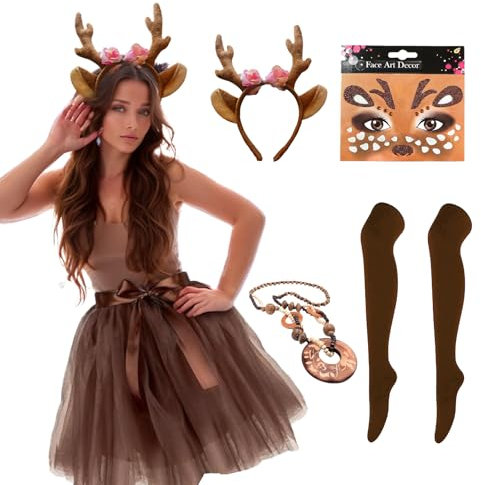YKHSUAOU Damen Geweih Kostüm, Tüllrock Kaffee Tutu Rock + Geweih Haarreif + Rentier Gesicht Tattoos für Fasching Karneval Mottoparty Reh Kostüm Accessoires
