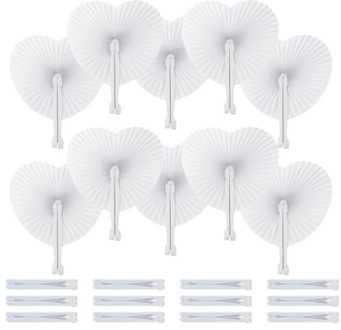 Heart Shaped Paper Fans Handheld, 12pcs White Hand Fan Folding Wedding Fans for Guests, Folding Manual Chinese Fan with Handle for DIY Birthday Party Favours Wedding Gifts Decorations