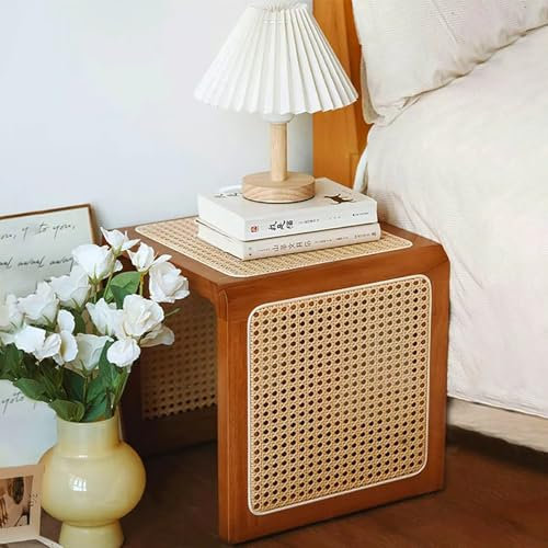 QTQHOME Tavolino quadrato in rattan, stile bohémien, tavolino moderno in legno di metà secolo, per soggiorno e camera da letto (34,8 cm x 13,7 cm x 13,7 cm, ciliegio)