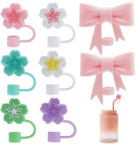 8 Pcs Cover Cap Compatible with Stanley Cup, 10mm Reusable Silicone Straw Toppers With Pink Bow & Flower Design, Dust-Proof Cute Accessories for Kids & Adults