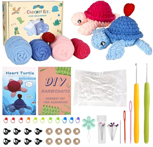 YYTECH Häkelnadel-Set für Anfänger Häkelset 2 Stück Schildkröte Strickset Häkelset tiere mit Videoanleitungen, Häkelsets für Kinder und Erwachsene DIY Häkel Zubehör Geschenk Crochet Set