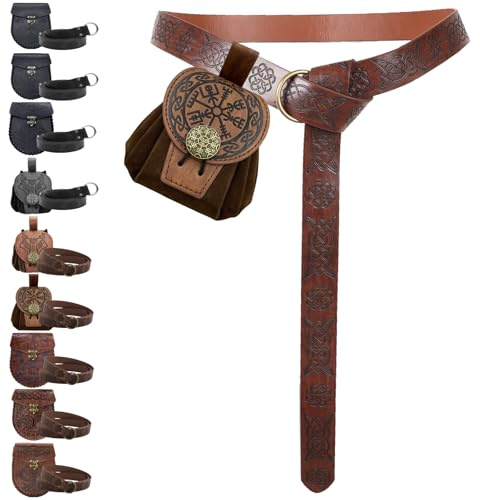 AUNGKWANG Mittelalter Kleidung Herren Damen, Mittelalter Gürteltasche mit Nordischem Retro Kordelzugbeutel, Renaissance Kunstleder Gürtel und Gürteltasche Set für Halloween, Karneval, LARP, Ren Faire