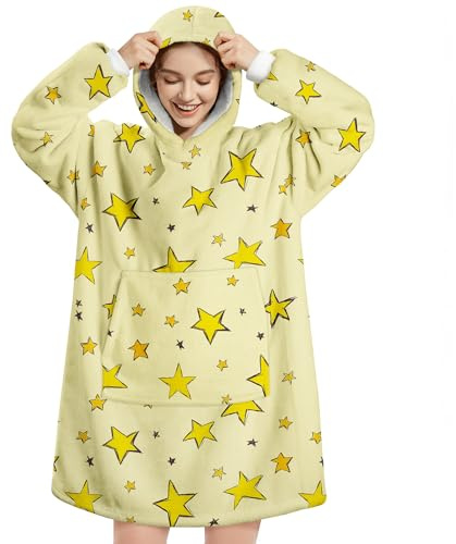 Queenshin Hoodie Decke Oversize Stern Gelb mit Ärmeln Kuscheldecke Deckenpullover für Damen Herren, Tragbare Decke zum Anziehen Erwachsene, Übergroßer Hoodie Sweatshirt Sherpa Warm und Weich