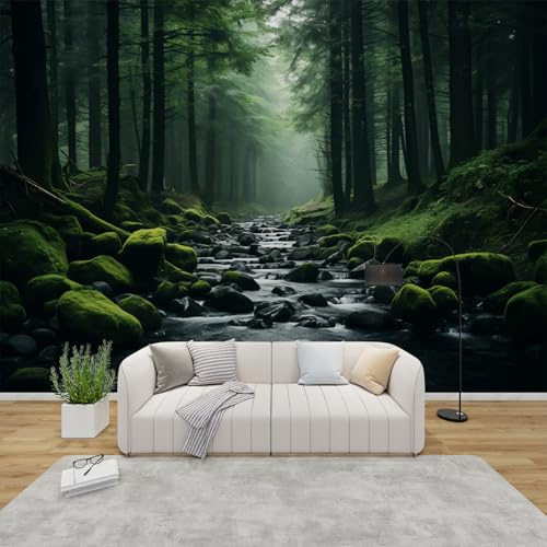 QEODAH Fototapete Wald Schlafzimmer, 3D Tapete Grüne Baum, Vliestapete Grün Schwarz, Tapeten Wohnzimmer Muster, Landschaft Natur Wand Deko Kinderzimmer, Wandtapete, Mustertapete 300x210 cm
