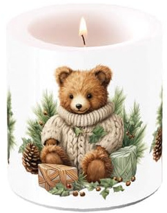 Ambiente Kerze Stumpenkerze Wachswindlicht 9 cm hoch Brenndauer ca 35h niedlicher Teddy Bär Winter Weihnachten Tischdekoration