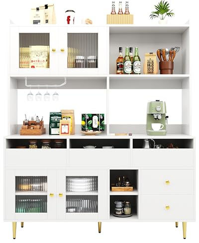 Küchenbuffet Restaurant Hochschrank 145 x 39 x 171 cm, Kitchen Cabinet, Vorratsschrank, Küchenschrank mit Arbeitsplatte, mit Glastür, Weinglasregal, Geeignet für Restaurants/Wohnzimmer, Weiß