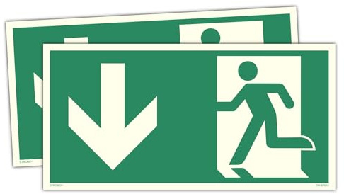 STROBO 2 cartelli di uscita di emergenza con freccia inferiore, extra luminosi, in PVC, autoadesivi, 30 x 15 cm, a norma DIN EN ISO 7010 e DIN 67510, per via di fuga