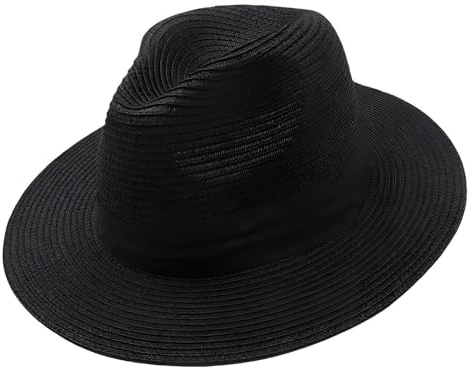 Komonee Classic Black Panama Fedora Straw Sun Hat for Men and Women - Elegant Summer Beach Hat for Sailing and Boating - Lightweight Breathable Paper Straw Sun Protection for Travel and Vacation